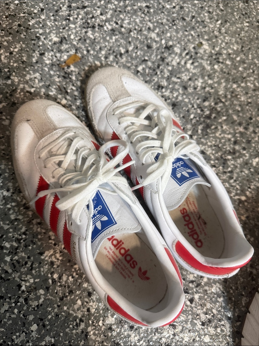 adidas Kids White Sneakers with Red Stripes and Blue Tongue Logo